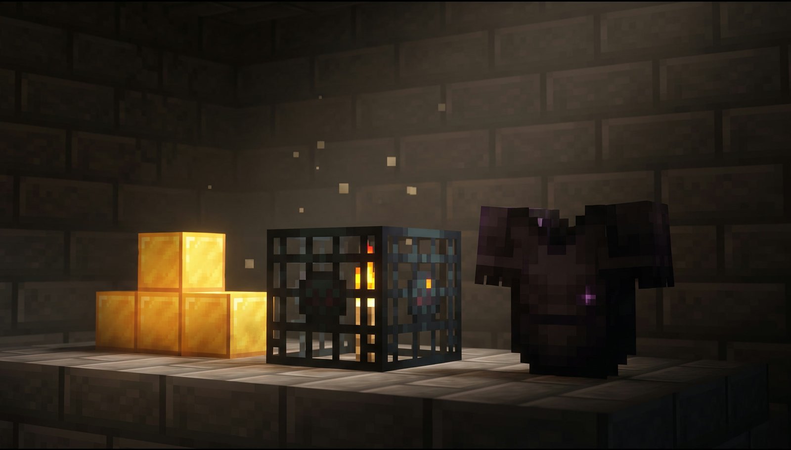 Gold blocks, a spawner cage and enchanted gear lined up on a stone shelf inside the vault